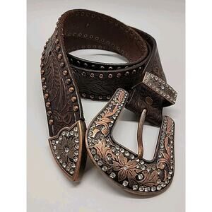 Angel Ranch Western Womens XL Belt Brown Leather Floral Copper Studs Statement